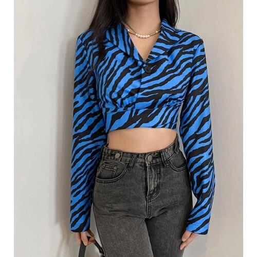 Women Shirts Fashion Long Sleeve Lapel Zebra Print Cropped Shirt Back Bowknot Button Slim Blouse chemise femme рубашка женская