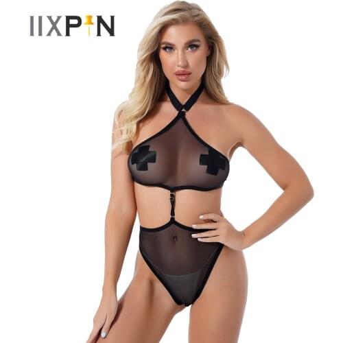 Womens See-through Mesh Catsuit Halter Neck Romper Leotard Erotic Lingerie Jumpsuit Cutout Crotchless Sheer Skinny Bodysuit