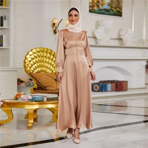 Dubai India Upmarket Sleek Satin Maxi Dress Women Full Sleeve Muslim Long Dresses Fashion Islamic Kaftan Turkey Abaya Robe Y1383