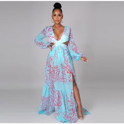 Spring Autumn Women Print Side High Split Dress Vintage Deep V Neck Long Sleeve Beach Dress Elegant Backless High Waist Vestido