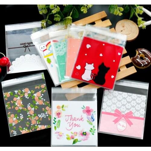 500pcs 10x10cm Cute Cartoon Candy Coookie Bags Floral Lace Thank you Plastic Bags Wedding Birthday Party Gift Bag Biscuit Baking
