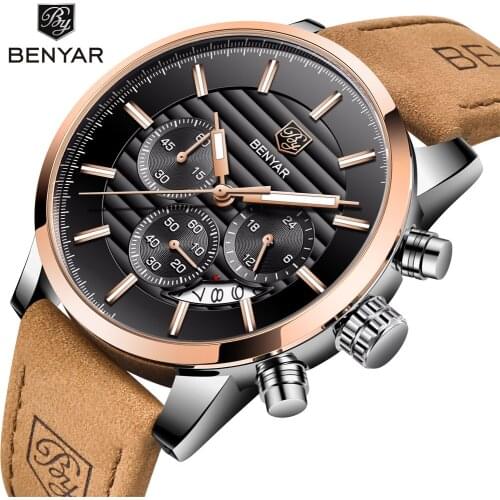 BENYAR Men Watch Top Brand Luxury Quartz Watch Mens Sport Analog Leather Strap Male Wristwatch Gold Black Waterproof Clock xfcs