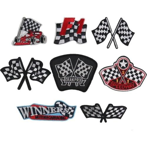 Black And White Checkered Bunting Sticker F1 Racing Contact Signal Flag Winners English gum Embroidery Badge Patch