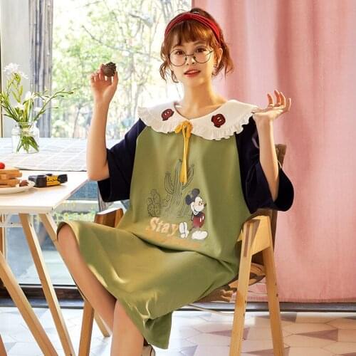 Girl cartoon Mickey print pajamas summer pure cotton doll collar short-sleeved nightdress female thin cute home service