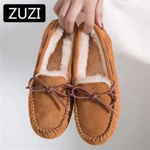 ZUZI 2021 Women Winter Warm 100% Genuine Leather Flat Shoes Casual Loafers Slip on Womens Flats Plush Shoes Moccasins Lady