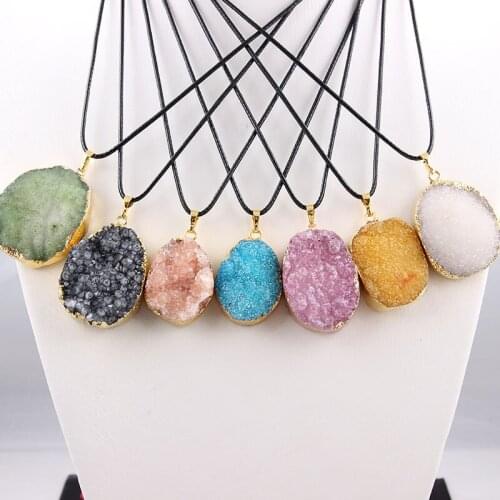 Colorful Druzy Drusy Necklace Fashion Irregular Natural Quartz Crystal Pendants Necklaces for Women Black Rope Statement Jewelry