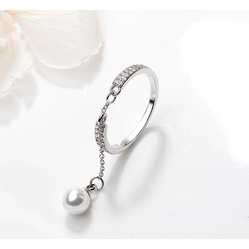 Sweet Women Fashion Crystal Imitation Pearls Tassel Rings for Women Simple Open Adjustable Finger Ring Jewelry Gifts