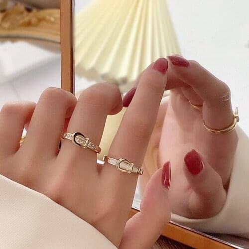 Fashion Geometric Belt Buckle Rings for Women Girl Rhinestone Index Finger Ring Female Ins Temperament Design Joint Ring Jewelry