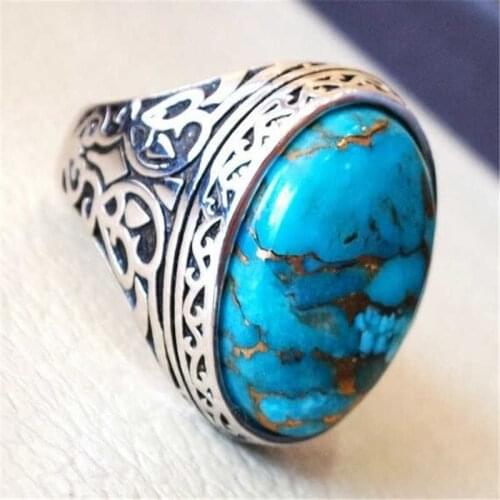 Vintage Turkish Islam Blue Crystal Islamic Ring Men Punk Rock Hip Hop Saudi Muslim Ottoman Carved Pattern Rings Jewelry Men Gift