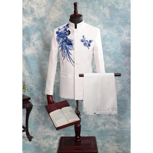 Blazer men Chinese tunic suit mens wedding suits Sequin singer star style Chorus stage cloth flower formal dress costume homme