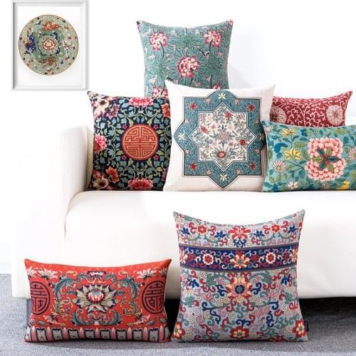 Chinese Retro Flower Pillow Cover Geometric Floral Cushion Cover Home Decorative Linen Pillow Case Sofa Chair Waist Pillow cover