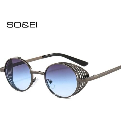 SO&EI Vintage Metal Punk Sunglasses Women Fashion Colorful Round Gradient Eyewear Men Steampunk Hollow Out Sun Glasses UV400