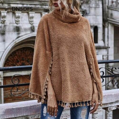 New Brand Quality Autumn Winter Fleece Capes & Ponchos Women Fashion Tassel Solid Color High Collar Leisure Loose Batwing Capes