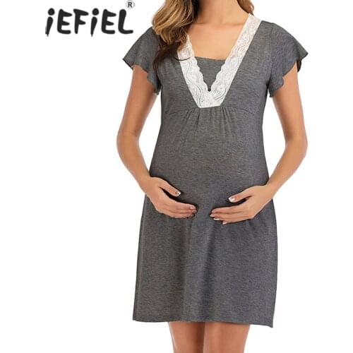 Pregnancy Pajamas Elegant Nightwear Maternity Short Sleeve V-Neck Lace Nursing Nightdress Women Pregnant Breastfeeding Nightgown