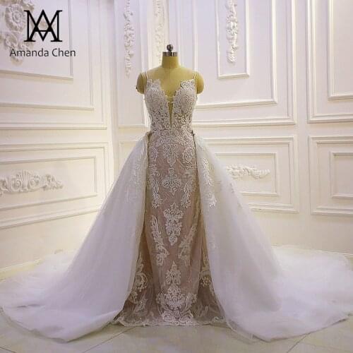 Spaghetti Straps Lace Appliques Champagne Wedding Dress with Detachable Skirt
