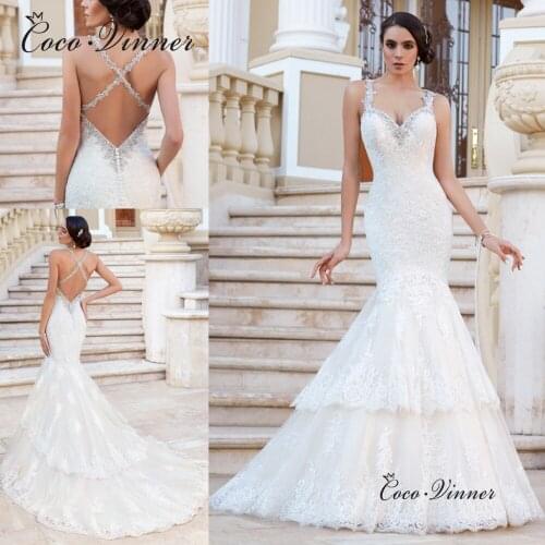 Criss-cross Appliques One Shoulder Crystal Mermaid Wedding Dresses Backless Button Tiered Train Wedding Dress W0583