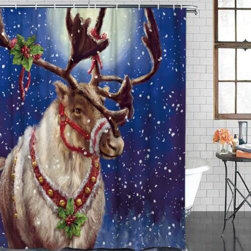 Christmas Xmas Reindeer in Snowy Winter Snowflake Fabric Shower Curtain