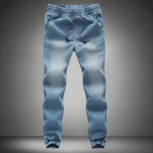 Spring Loose Stretch Denim Boyfriend Jeans Mens Elastic Waist Drawstring Blue Trousers Boys Casual Vintage Jeans Men 3xl 4xl 5xl