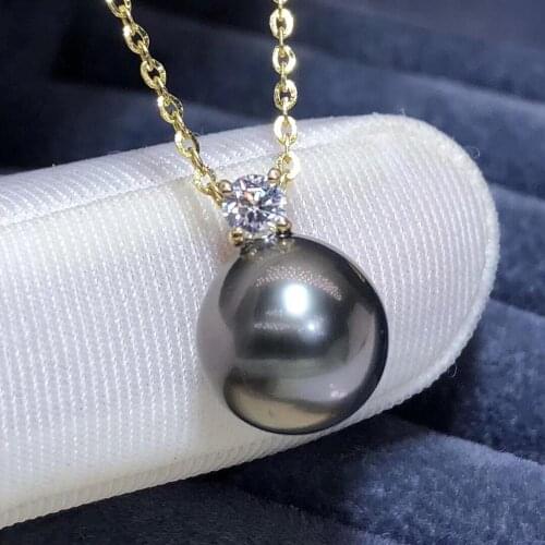 Fine Jewelry 18K Yellow Gold Natural Ocean Tahiti Black Pearl 11-10mm Pendant Necklaces for Women FIne Pearls Pendants