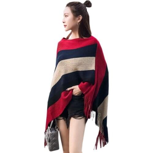 Irregular Cape Fashion Tassel Cloak Women Big size Pullovers 2020 New Knitted Shawl Sweater Loose Striped Knit Jacket f340