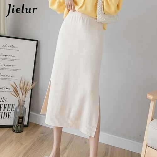 Jielur Women Skirt Split Knitted Slim Solid Color OL Skirts Chic New Korean Autumn Winter Skirts Womens Saia Faldas 6 Colors