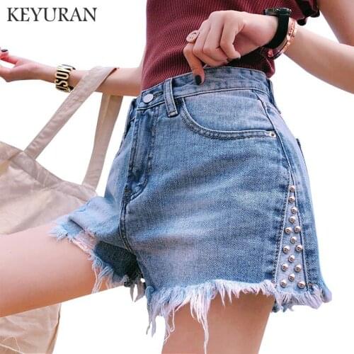 Womens Fashion Brand Vintage Tassel Rivet Hole Ripped Loose High Waiste Short Jeans Punk Sexy Hot Woman Wide leg Denim Shorts
