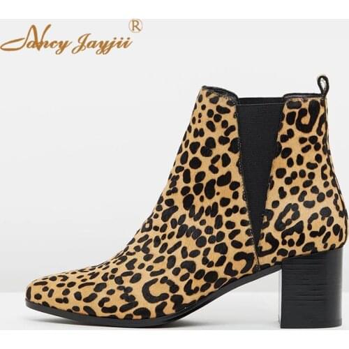 Chelsea Women Adult Boots Leopard Flock Ankle Round Toe High Square heel Mature Concise Novelty Fashion Leisure 2019 6cm~8cm