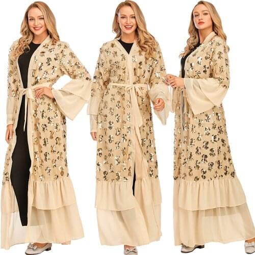 Dubai Women Muslim Flare Sleeve Sequin Open Cardigan Islamic Kaftan Vintage Abaya Jilbab Turkish Kimono Prayer Ramadan Robe Gown