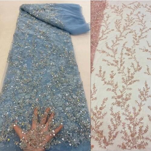 5yards/pc) High grade sky blue African tulle lace with sequins and beads embroidery newest French net lace for party FRX045