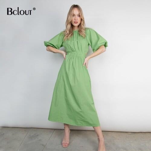 Bclout Cotton Hollow Out Puff Sleeve Long Dress Elegant Women Lace Up O Neck Pleated Dresses Summer High Waist A Line Robe 2021