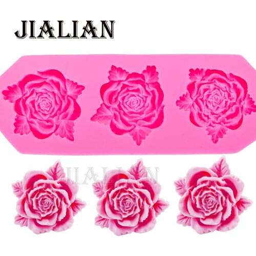 Free shipping 3 beautiful roses flower chocolate wedding DIY fondant baking cooking cake decorating tools silicone mold T0079