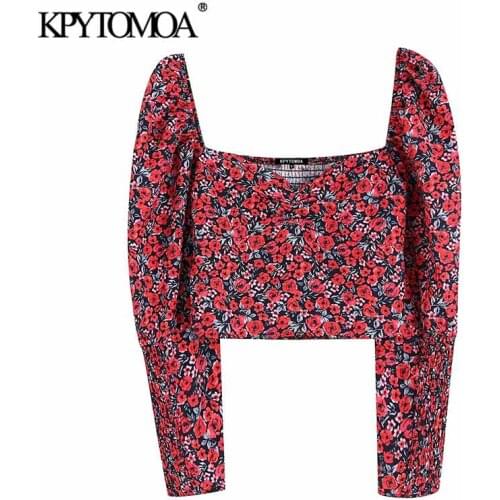 KPYTOMOA Women Fashion Floral Print Cropped Blouses Women Vintage V Neck Long Sleeve Back Elastic Female Shirts Chic Tops