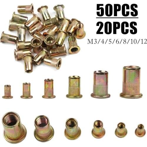 50/20PCS M3/4/5/6/8/10/12 Zinc Plated Carbon Steel Knurled Nuts Rivnut Flat Head Threaded Rivet Insert Nutsert Cap Rivet Nut