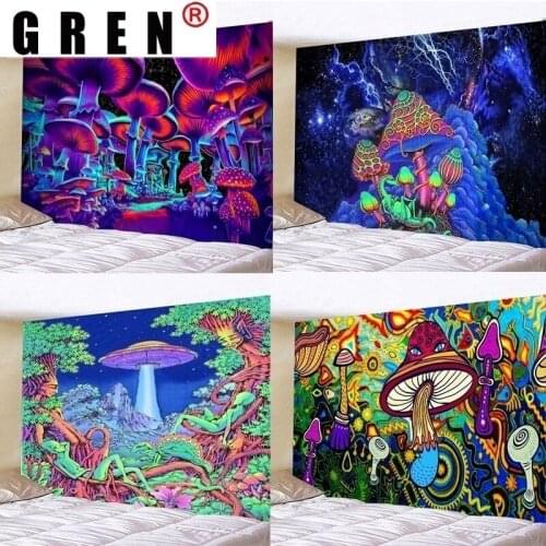 GREN 3D Print Trippy Mushroom Tapestry Hippie Colorful Tapiz Wall Art Hanging Cloth Tapestry Modern Home Decor Living Room 8Size