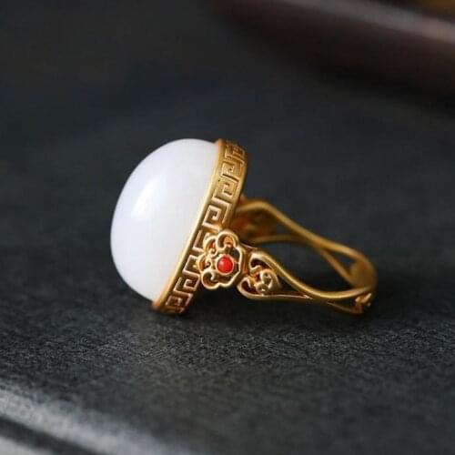 Natural Hetian Jade White Jade Oval Ring Gilding S925 Sterling Silver South Red Ring Pattern Hollow Palace Ornament