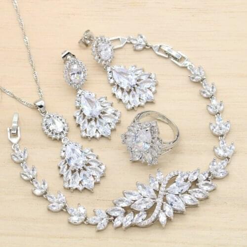 Exquisite Silver Color Jewelry Sets For Women Wedding White Cubic Zircon Earrings Pendant Necklace Bracelet Ring Christmas Gift