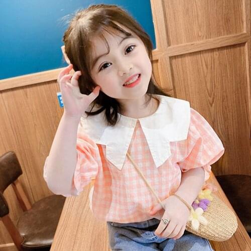 Korean Style Cute Girls Shirt Fashion Plaid Short Puff Sleeve Kids Tops Outwear 2021 Summer Children Clothing 2-6 Years Old