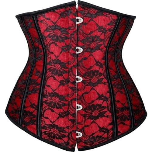 Sexy Women Red Lace Flower Corsets Underwear Shapewear Bustiers Plastic Boned Waist Cincher Lace Up Slimming Corset