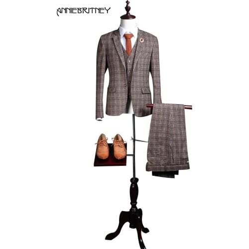 2018 New Brand Brown Pattern Suit Men Groom Tuxedo Blazer Slim Fit 3 Piece Prom Wedding Suits Terno Masculino jacket+Pant+Vest