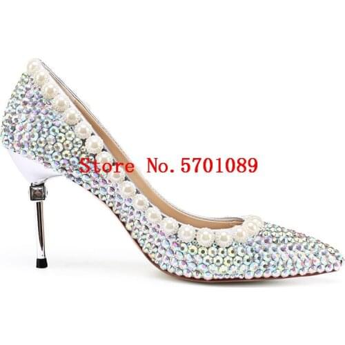 Multi-colors Rhinestone Wedding Shoes Genuine Leather Luxury 80mm Stiletto Heel Pointed To Pearls Pumps Bride Studs Crystal Shoe