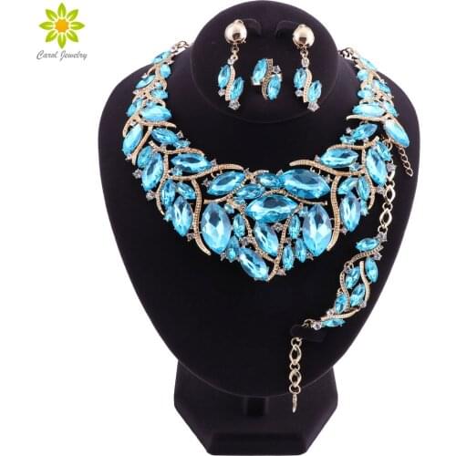 Luxury Gold Color Blue Crystal Bridal Jewelry Sets for Brides Necklace Earrings Bracelet Set Wedding Party Costume Accessories