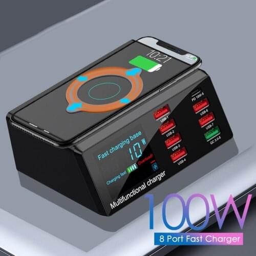 100W Smart Digital Display Charger Multi Port QC 3.0 PD USB Adapter Qi Wireless Charging Hub US UK AU EU Plug For iPhone Xiaomi