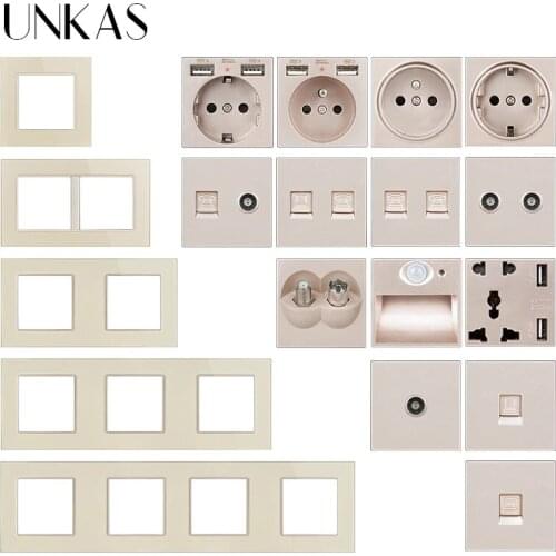 UNKAS Golden Glass Panel Modules DIY Combination Free Matching French EU Socket Dual USB TV RJ12 Telephone RJ45 Computer Outlet