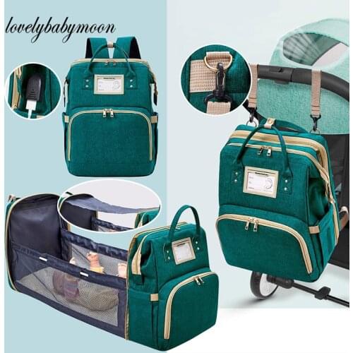 USB Portable Crib Design Mummy Bag High capacity Waterproof Fabric Nappy Backpack Changing Pad Hooks For Maternity Baby care