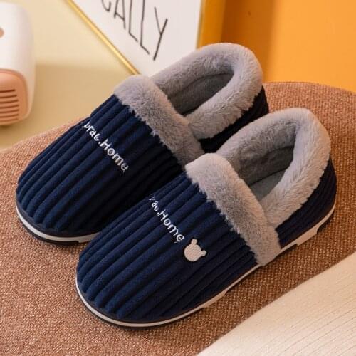 Corduroy Winter Warm Cotton Shoes Women Striped Fluff Indoor and Outdoor Home Warm Flat Slippers Man Fur Furry Slides Female
