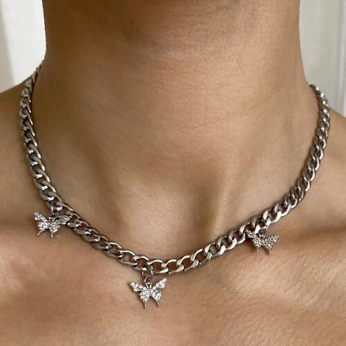 Vintage Silver Color Thick Chain Fashion Necklaces For Women Female 2020 New Crystal Butterfly Pendant Necklace Jewelry Gift
