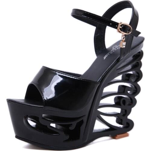 New Womens Patent Leather Metal Buckle Wedge Sandal Wristband Platform Water Table Shaped Heel Shoes Ultra High Heel Slipper