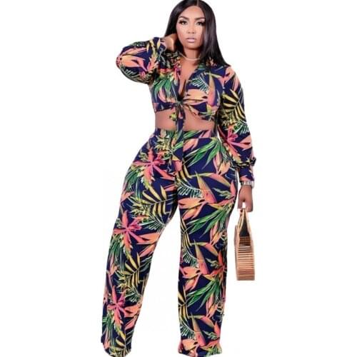 4XL Plus Size 2 Piece Sets Women Lace Up Blouse Crop Tops Outfits Fashion New Floral Print Wide Leg Pant Office Lady Suits 2021