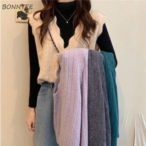 Sweater Vest Women Simple Loose Leisure Candy Color Hollow Out Single Breasted Wave Edge Korean Style Outwear Fashion Lovely New