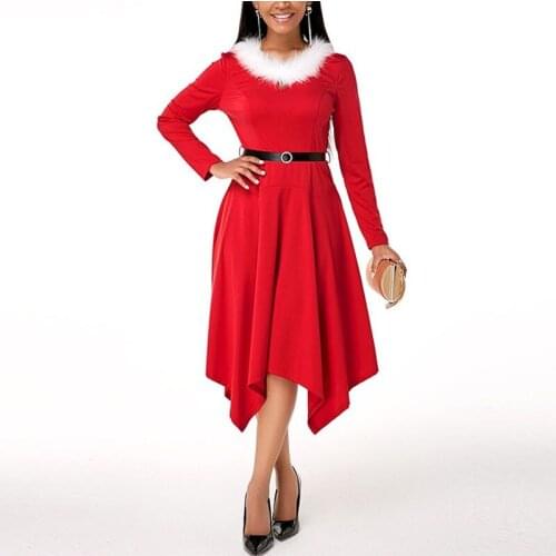 OTEN Womens Autumn Winter Christmas long sleeve Plush high low deep V-shaped irregular dress with belt